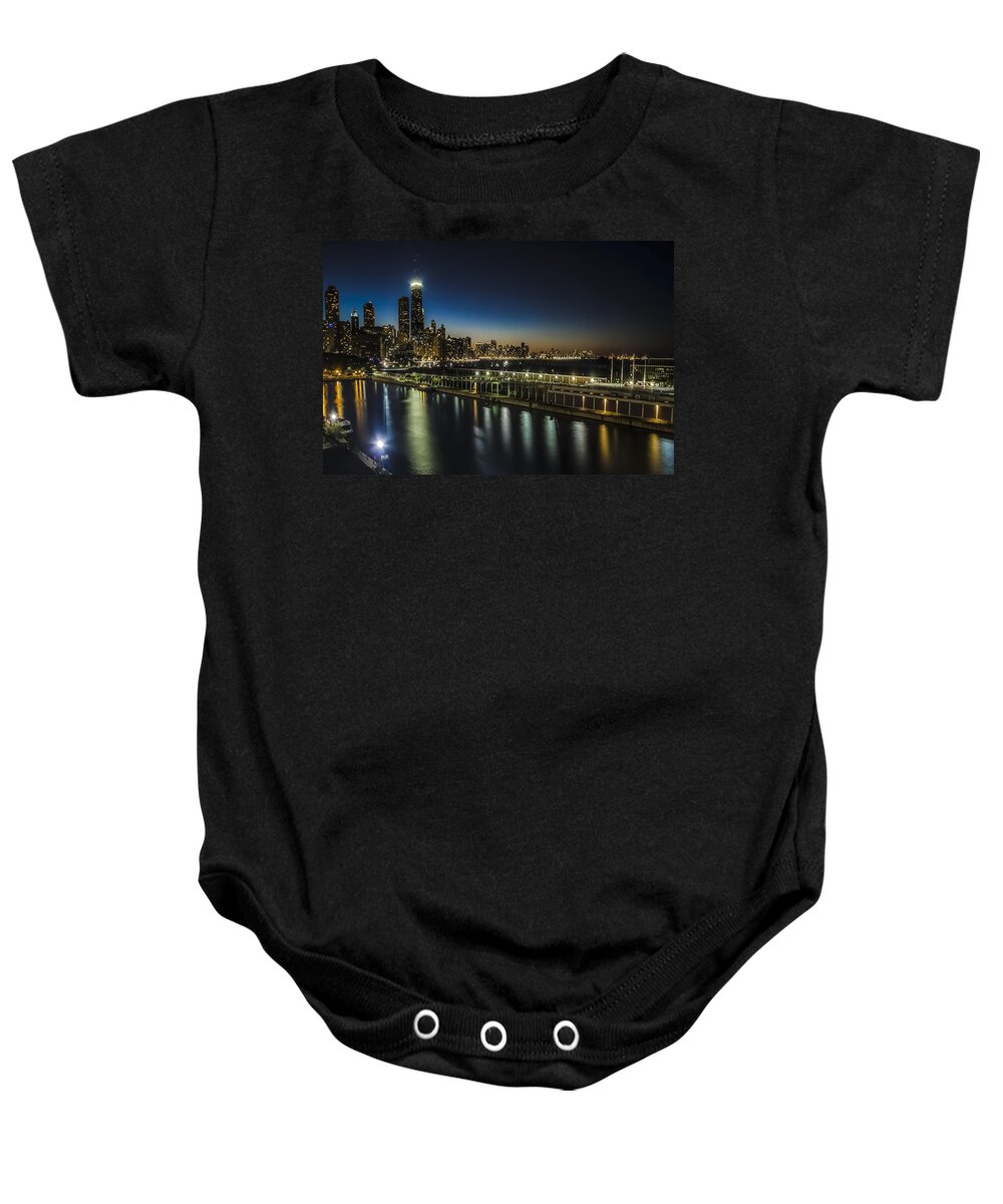 Chicago Skyline Baby Onesie featuring the photograph A unique look at The Chicago Skyline at dusk by Sven Brogren