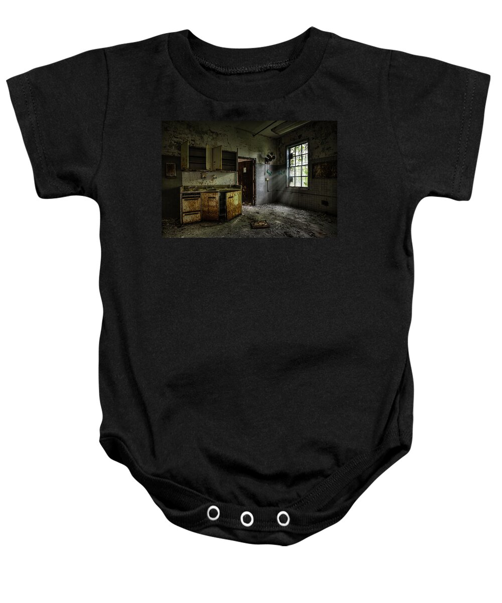 Spooky Places Baby Onesie featuring the photograph Abandoned building - Old asylum - Open cabinet doors by Gary Heller