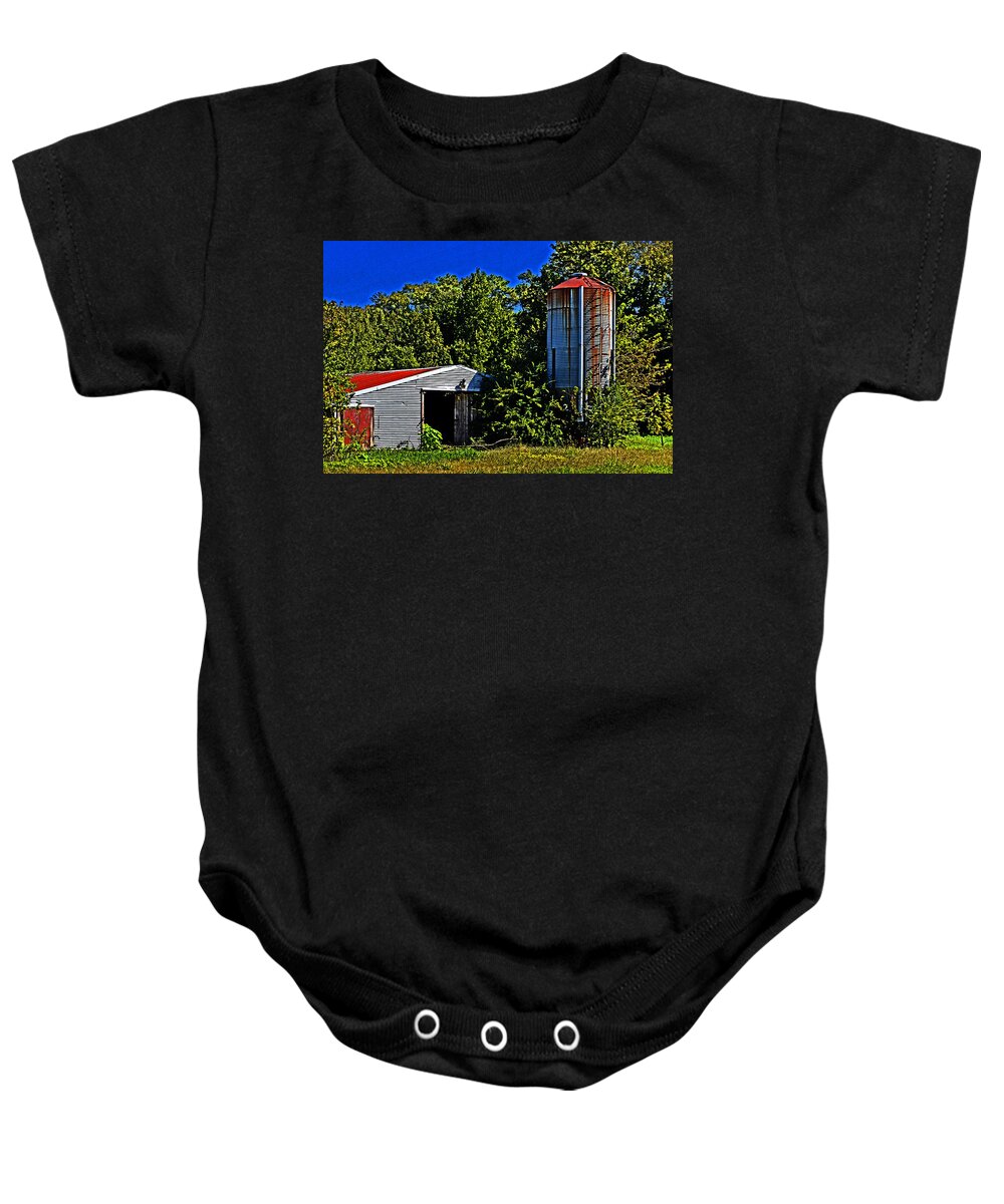 Silo Baby Onesie featuring the photograph Abandoned Silo Near Roxanna by Bill Swartwout