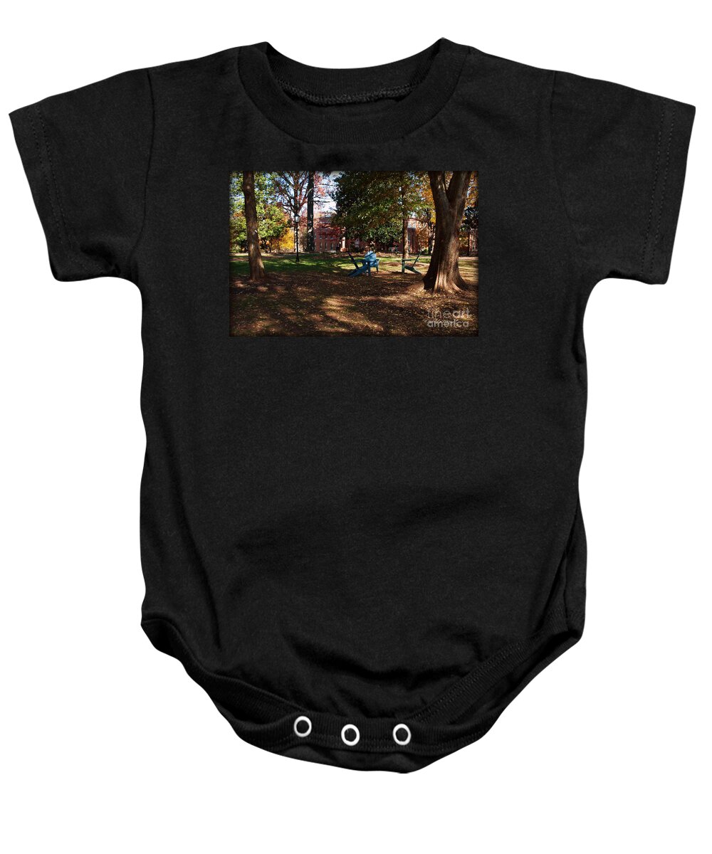 Art Baby Onesie featuring the photograph Adirondack Chairs 2 - Davidson College by Paulette B Wright