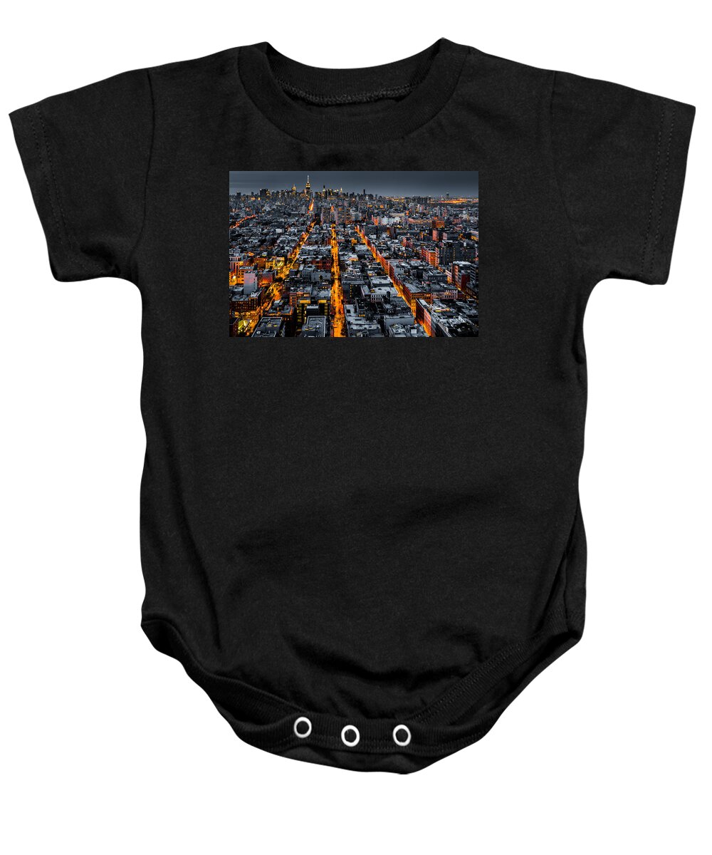 Aerial Baby Onesie featuring the photograph Aerial view of New York City at night by Mihai Andritoiu