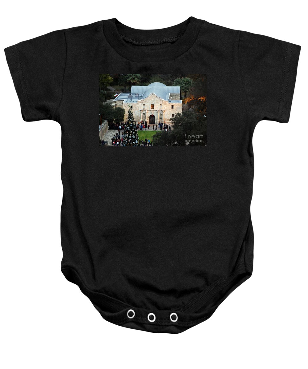 Alamo Baby Onesie featuring the photograph Alamo Entrance High Angle View at Christmas in San Antonio Texas by Shawn O'Brien