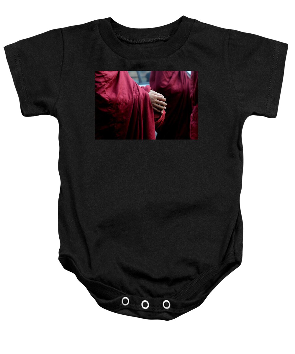 Monk Baby Onesie featuring the photograph Alms Bowl Embrace by Joshua Van Lare