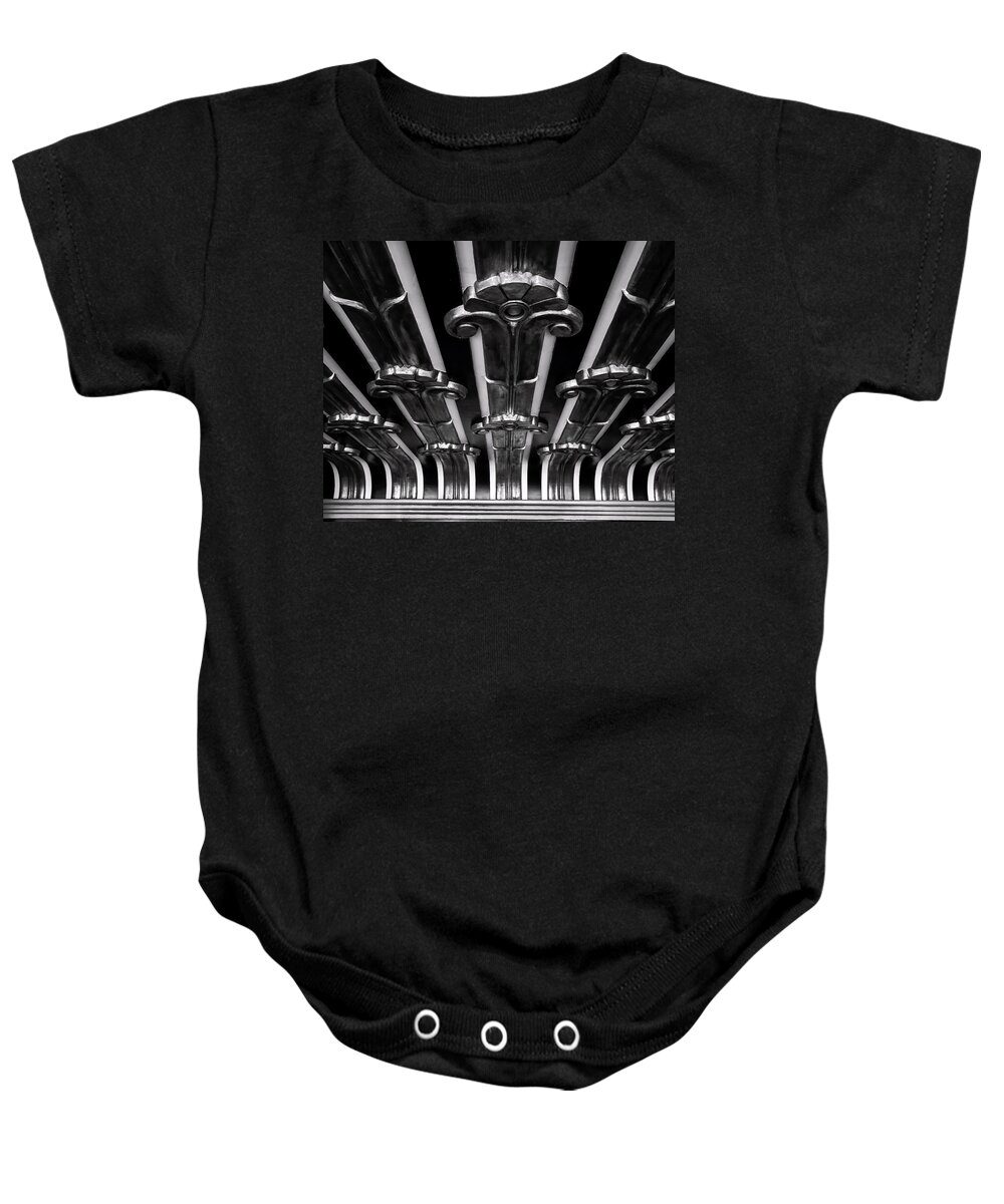 Abstract Baby Onesie featuring the photograph Art Deco at the Henry Fonda BW by Denise Dube