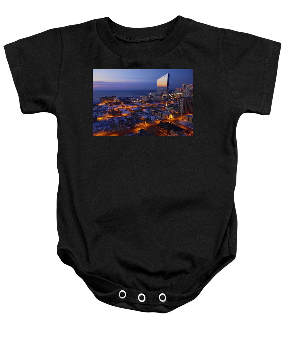 Atlantic City At Dawn Baby Onesie featuring the photograph Atlantic City at Dawn by Joan Reese