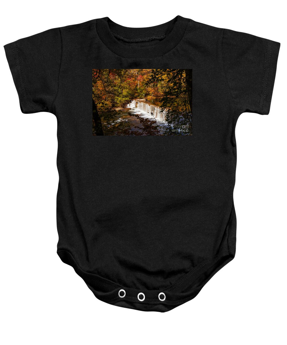 Autumn Trees On River Baby Onesie featuring the photograph Autumn Trees On Duck River by Jerry Cowart