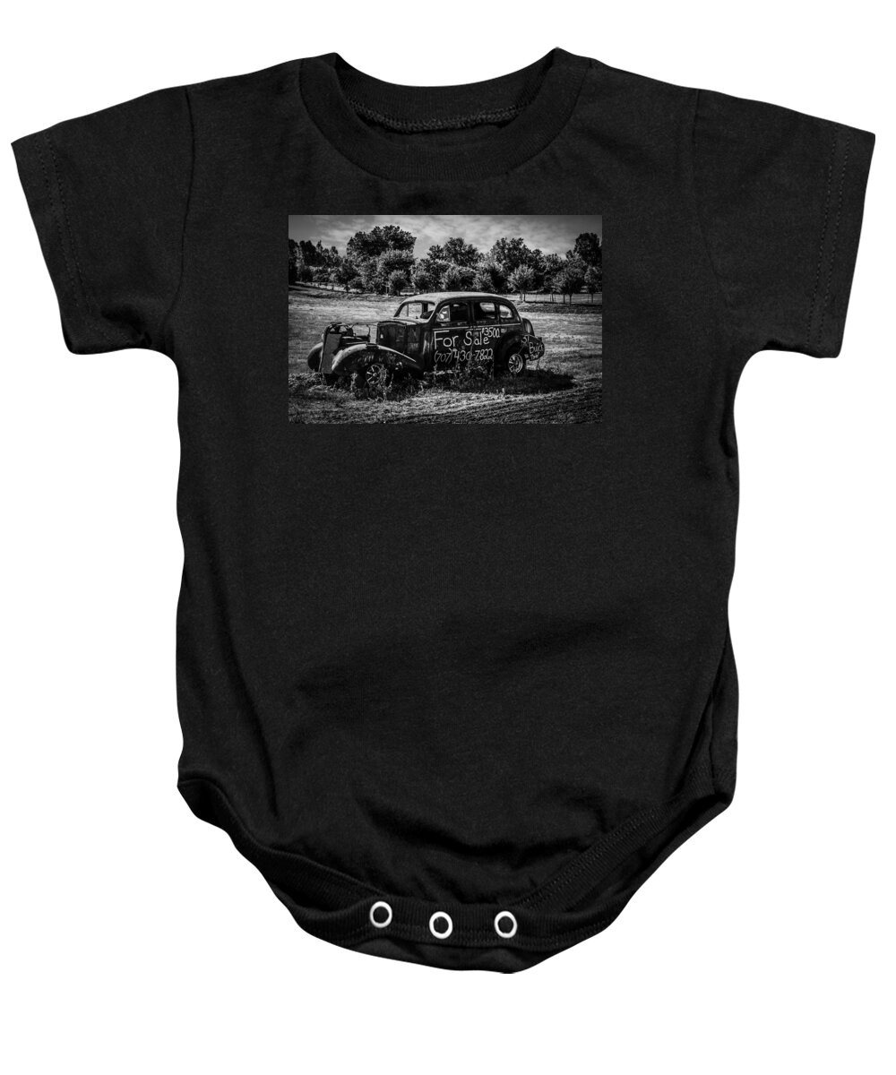 Old Baby Onesie featuring the photograph B/W Old Car by Bruce Bottomley