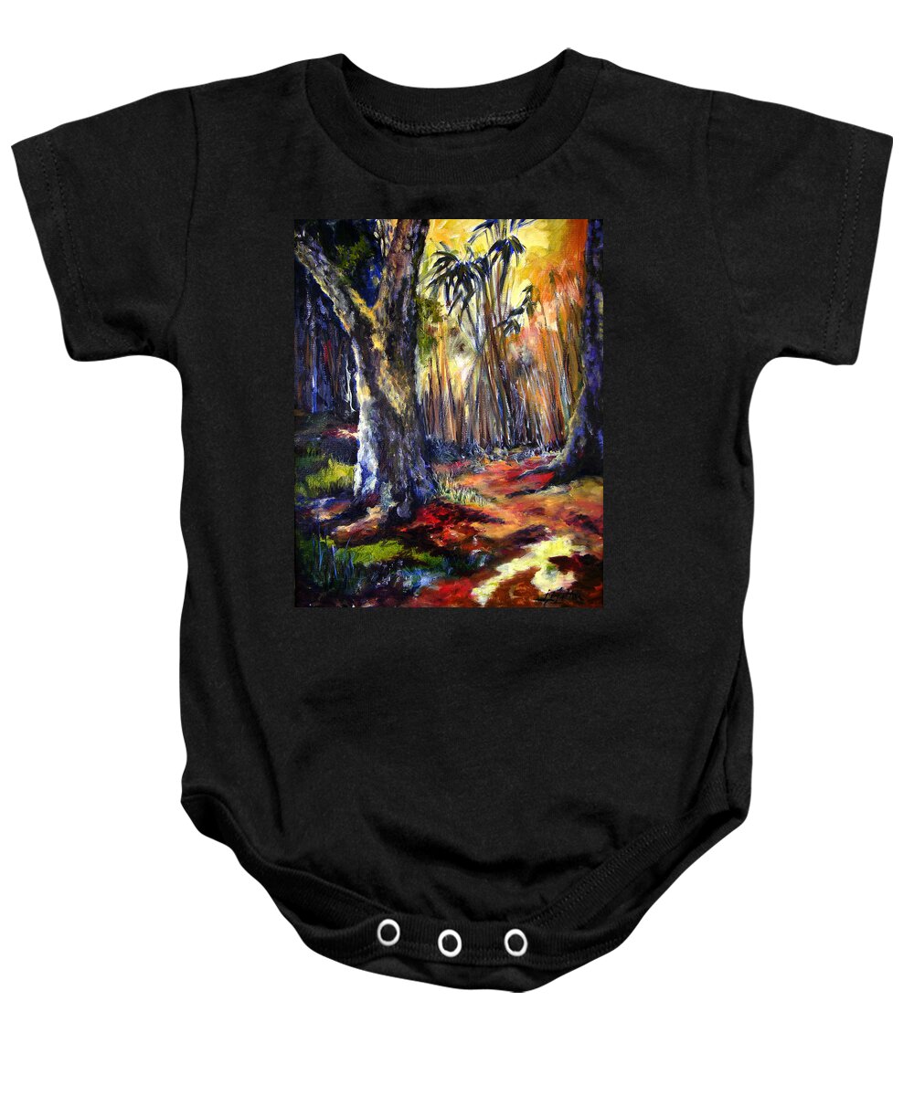 Colorful Baby Onesie featuring the painting Bamboo Garden with Bunny by Julianne Felton