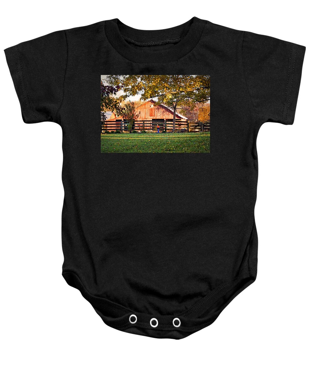 Autumn Baby Onesie featuring the photograph Barn Through the Trees by Cricket Hackmann