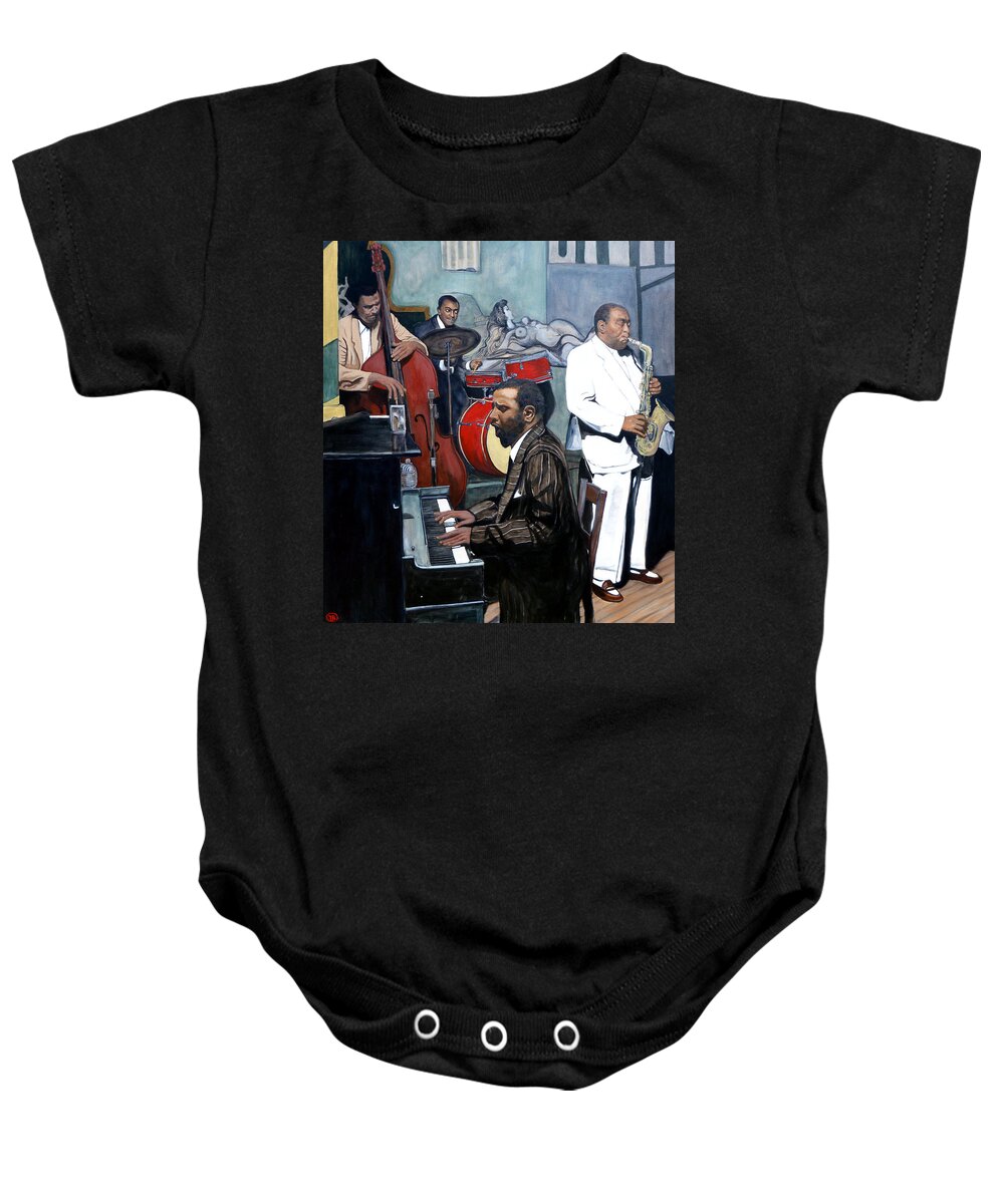 Musicans Baby Onesie featuring the painting BeBop 'Til You Drop by Tom Roderick