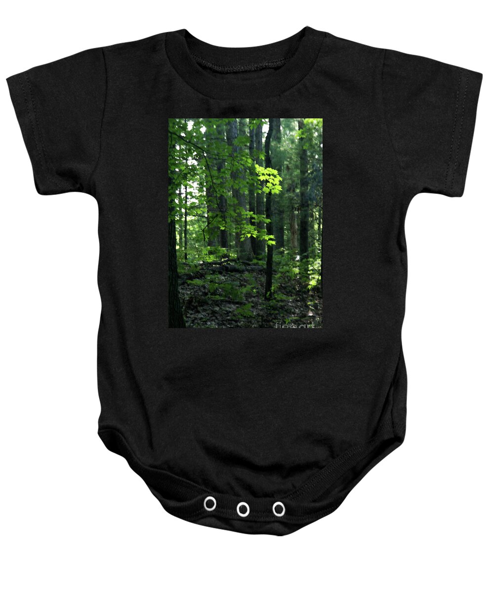 Forest Baby Onesie featuring the photograph Beyond The Trees by Linda Shafer