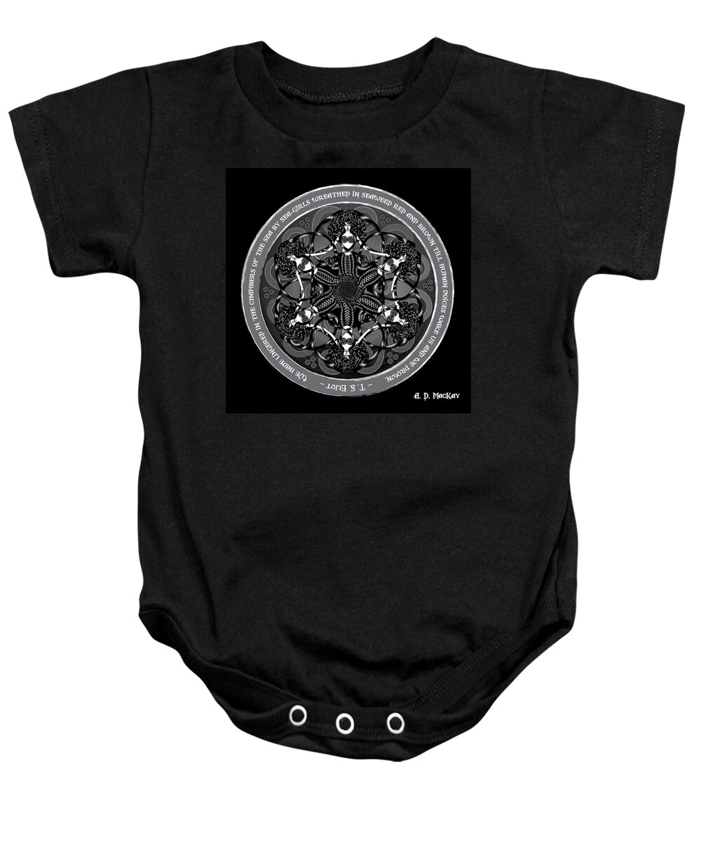 Gothic Art Baby Onesie featuring the digital art Black and White Gothic Celtic Mermaids by Celtic Artist Angela Dawn MacKay
