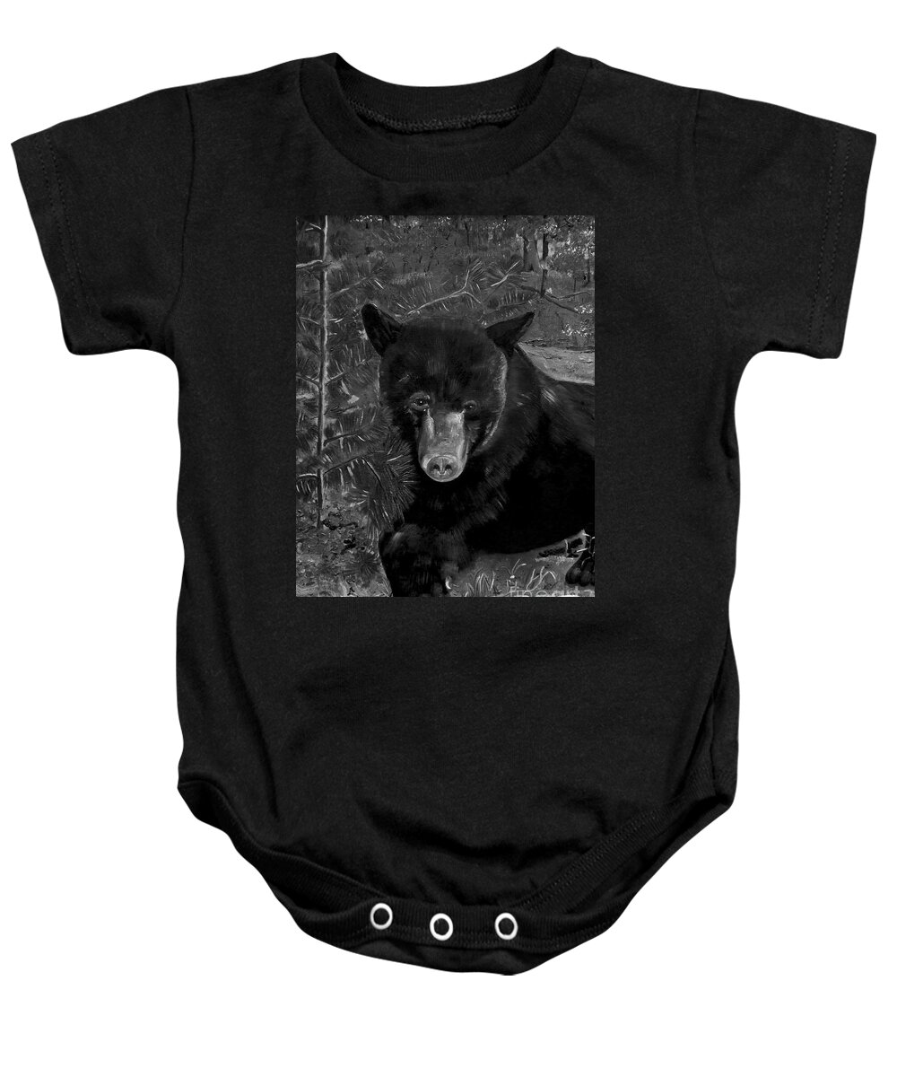 Black Bear Baby Onesie featuring the painting Black Bear - Scruffy - Black and White Cropped Portrait by Jan Dappen