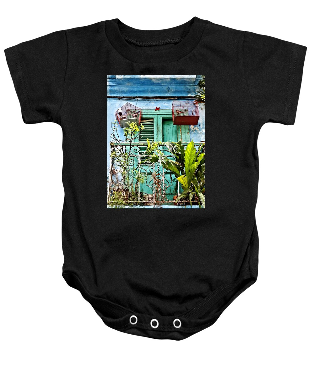 Photography Baby Onesie featuring the photograph Blue Balcony Red Bird Cages by Gigi Ebert