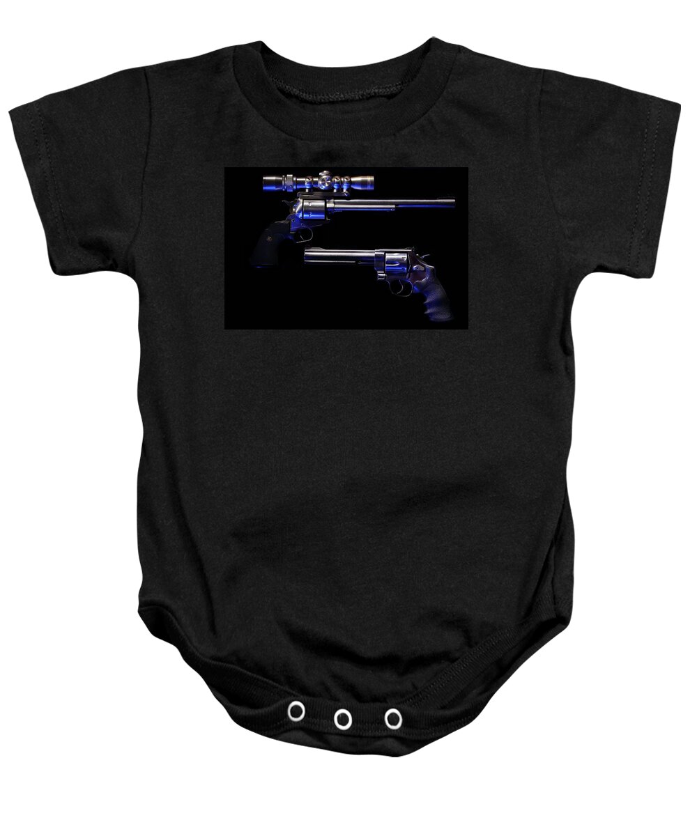 44 Magnum Baby Onesie featuring the photograph Blue Kissed Pistols by David Andersen