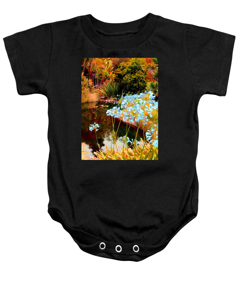Blue Lilies Baby Onesie featuring the painting Blue Lily Water Garden by Amy Vangsgard