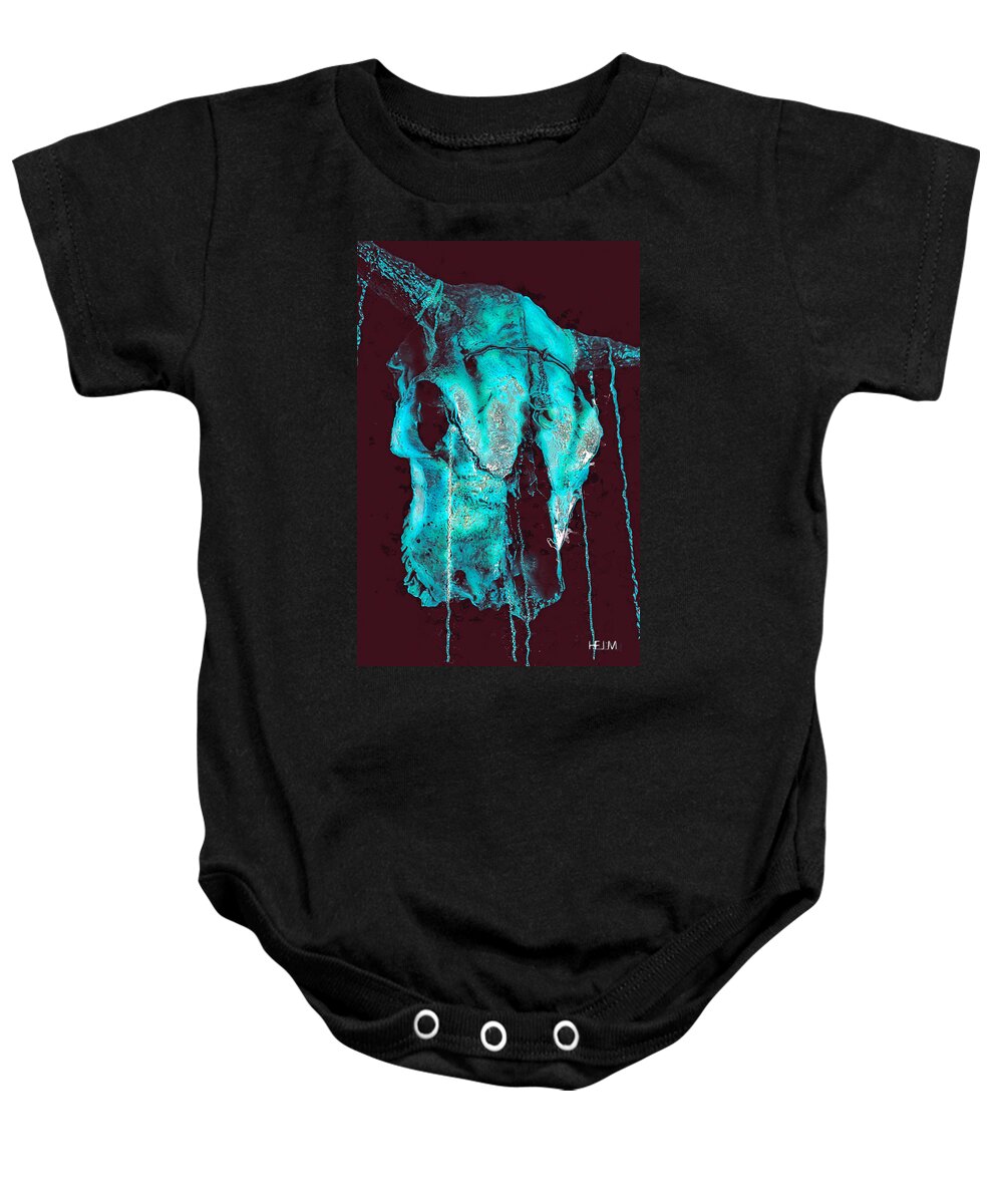 Cow Mixed Media Baby Onesie featuring the photograph Blue Skulls at Night by Mayhem Mediums