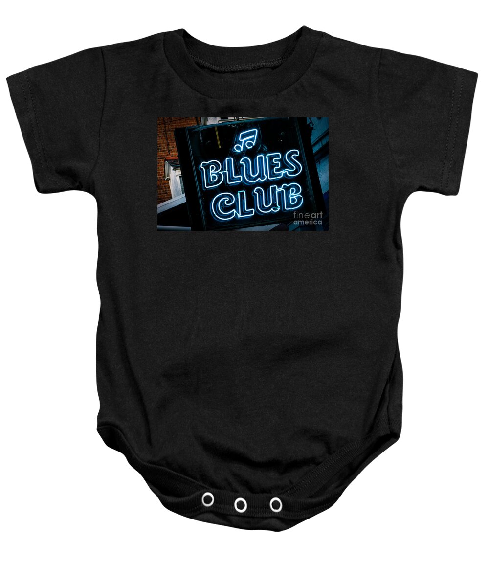 Sign Baby Onesie featuring the photograph Blues Club on Bourbon Street NOLA by Kathleen K Parker