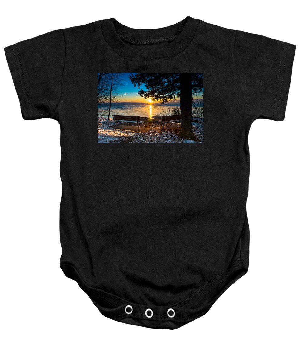 Sunrise Baby Onesie featuring the photograph Bluff Benches by James Meyer