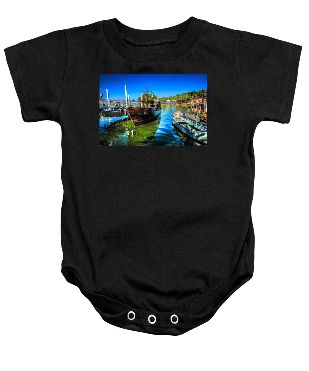 Israel Baby Onesie featuring the photograph Boats at Kibbutz on Sea Galilee by David Morefield