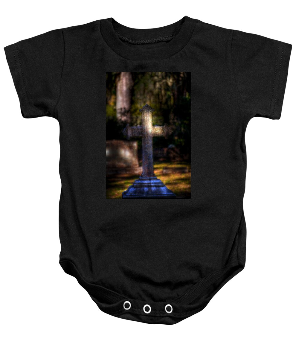 Bonaventure Cemetery Baby Onesie featuring the photograph Bonaventure Cross by Mark Andrew Thomas