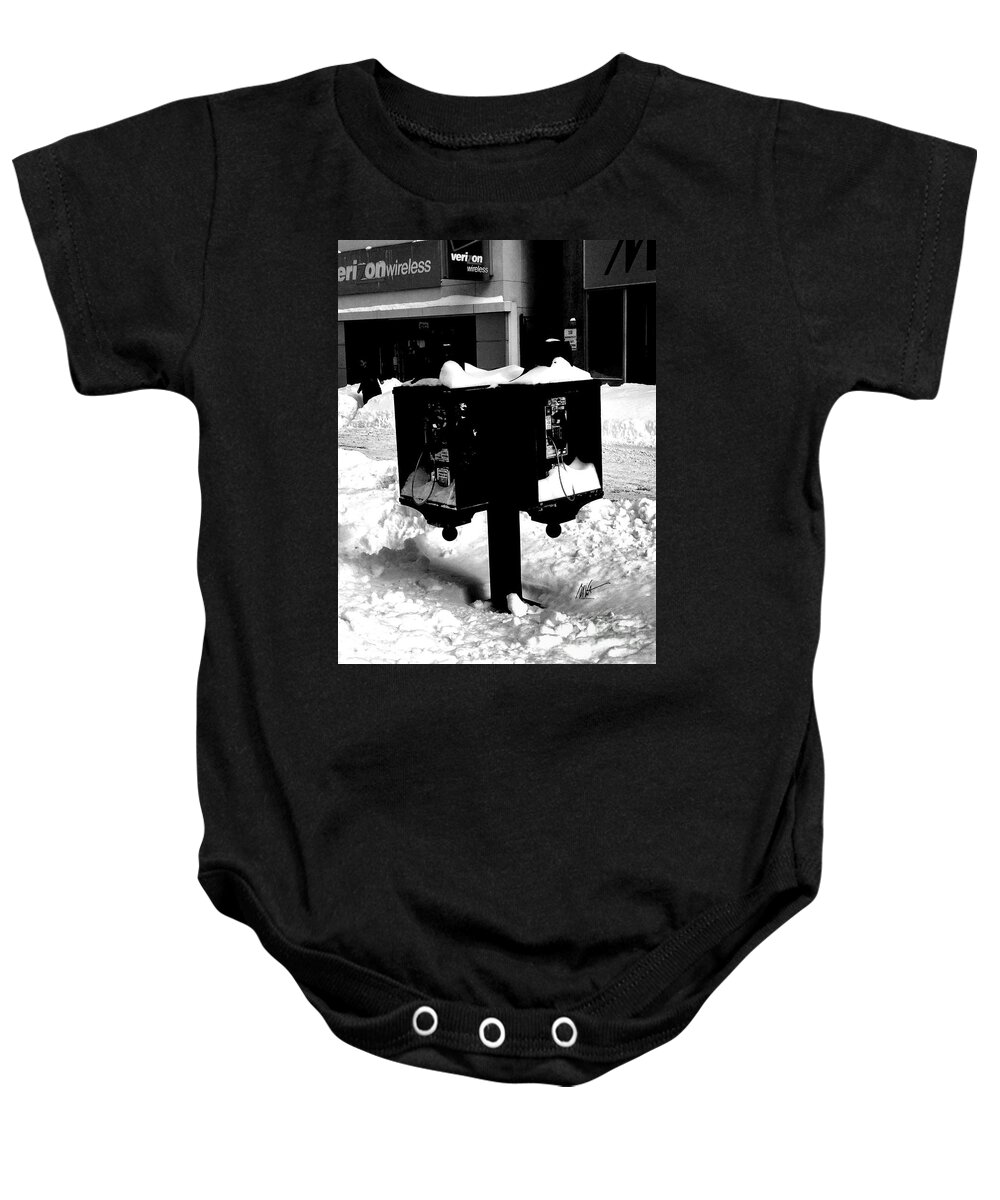 Boston Baby Onesie featuring the photograph Boston - PayPhones Abandonded in Snow by Mark Valentine