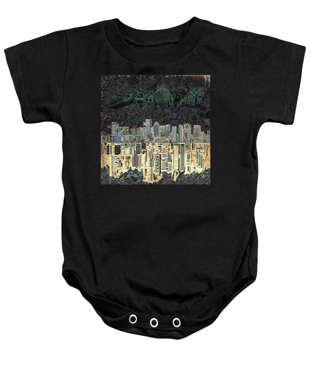 Boston Baby Onesie featuring the painting Boston Skyline Abstract Antique by Bekim M