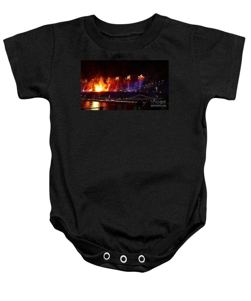 New York Baby Onesie featuring the photograph Brooklyn Bridge Fireworks by Kendall Eutemey