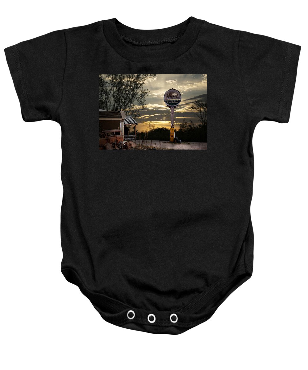 Gas Baby Onesie featuring the photograph Buffalo Trading Post by Betty Depee