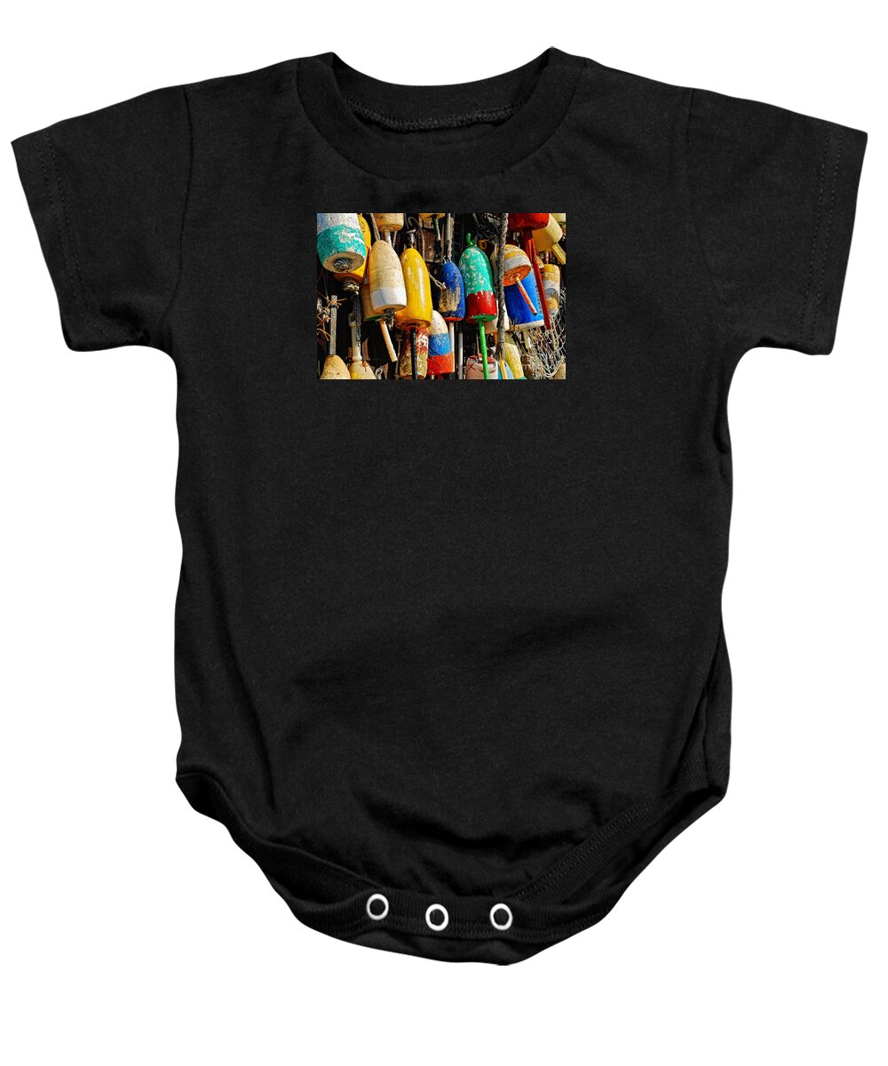 Buoy Baby Onesie featuring the photograph Buoys from Russell's Lobsters by Lois Bryan