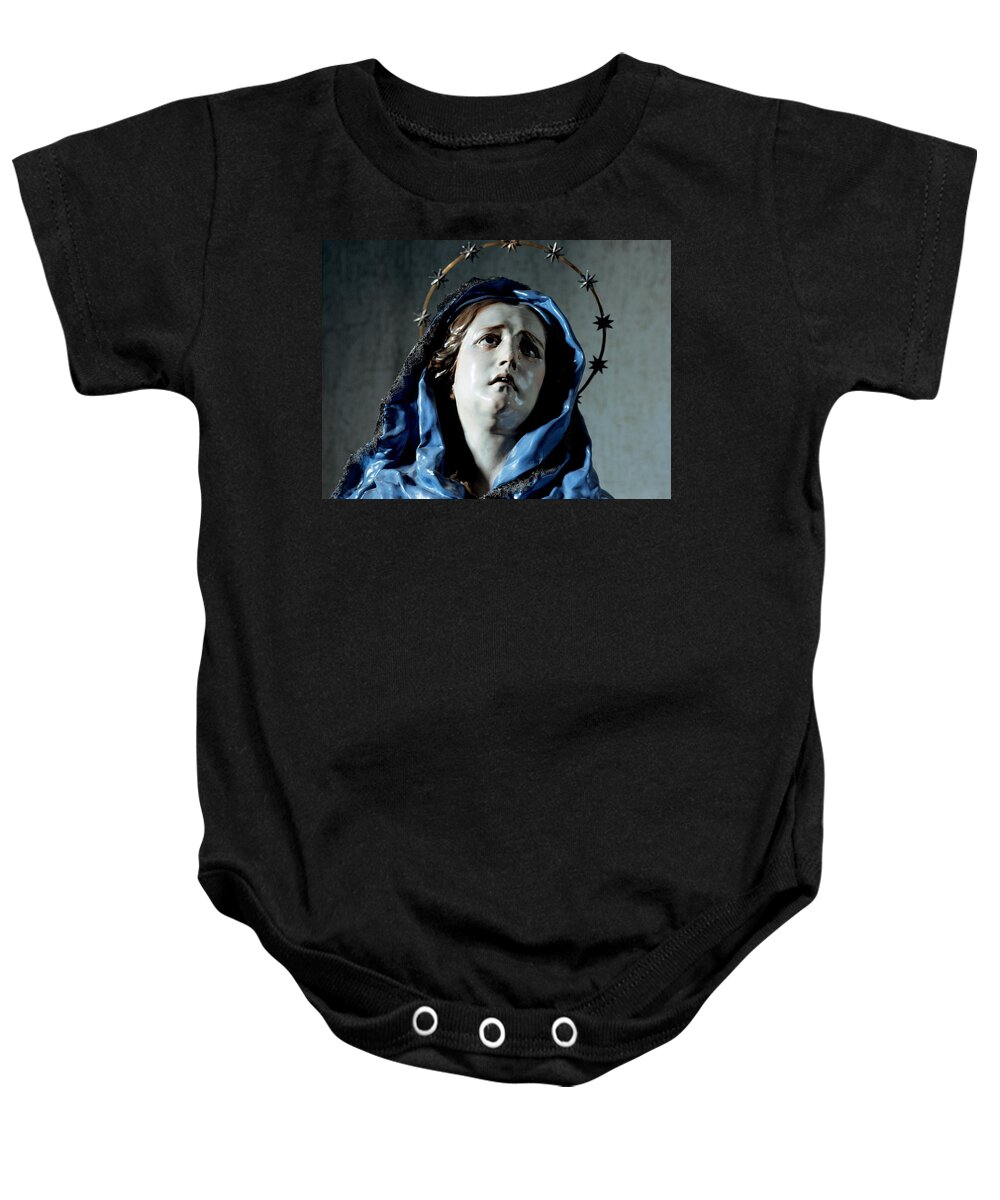 Virgin Baby Onesie featuring the photograph Bust Of Painful Virgin by Francisco Salzillo