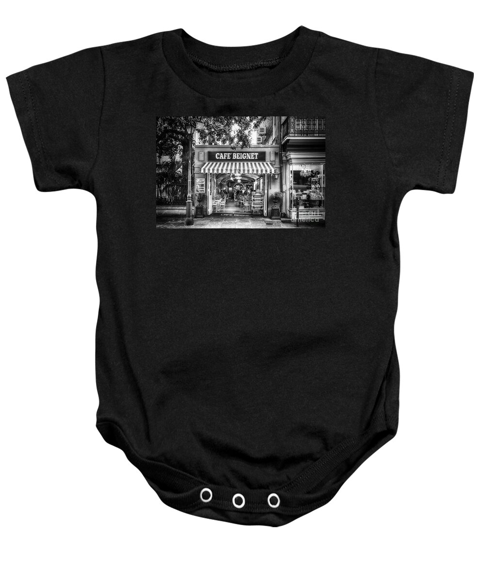 Nola Baby Onesie featuring the photograph Cafe Beignet Morning NOLA - BW by Kathleen K Parker