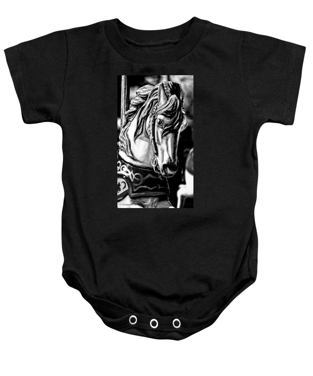 Christopher Holmes Photography Baby Onesie featuring the photograph Carousel Horse Two - BW by Christopher Holmes