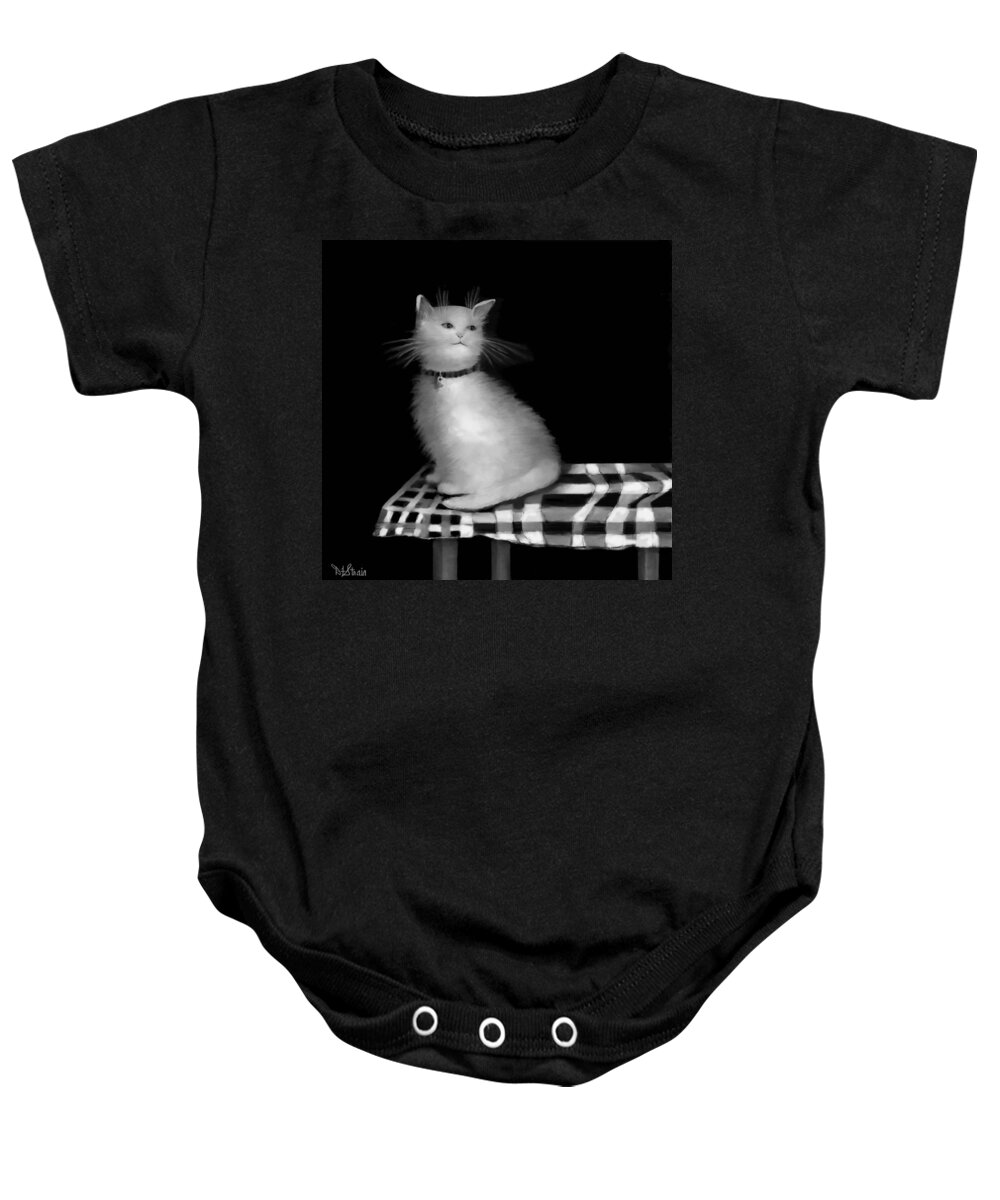 Diane Strain Baby Onesie featuring the painting Cat on Checkered Tablecloth  No. 3 by Diane Strain