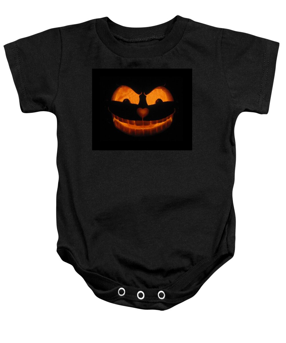 Pumpkin Baby Onesie featuring the sculpture Cheshire Cat by Shawn Dall