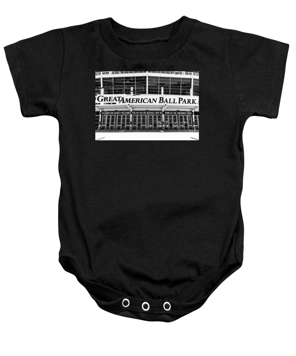 America Baby Onesie featuring the photograph Cincinnati Great American Ball Park Black and White Picture by Paul Velgos