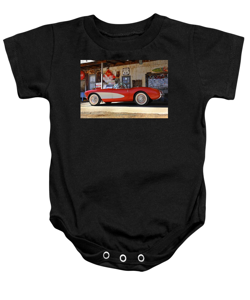 Corvette Baby Onesie featuring the photograph Classic Corvette on Route 66 by Mike McGlothlen