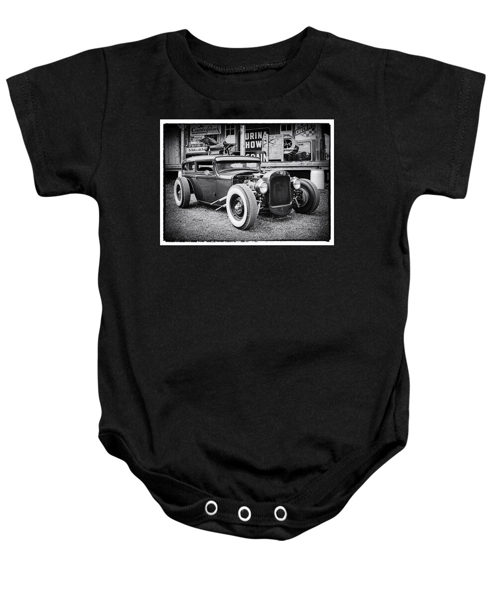 Classic Hot Rod Baby Onesie featuring the photograph Classic Hot Rod in Black and White by Thomas Young
