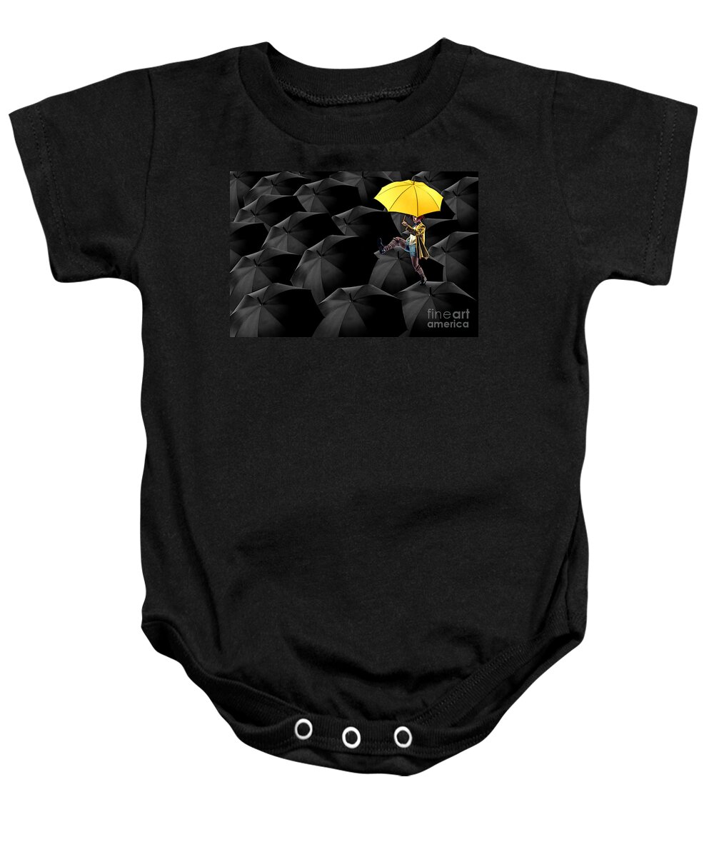 Umbrellas Baby Onesie featuring the digital art Clowning on Umbrellas 03-a13-1 by Variance Collections