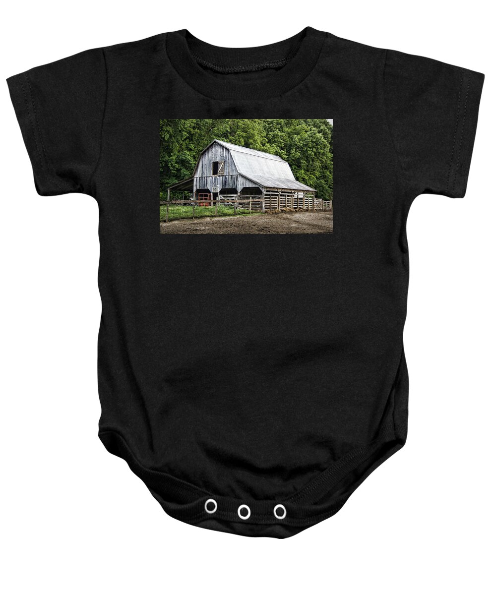 Barn Baby Onesie featuring the photograph Clubhouse Road Barn by Cricket Hackmann