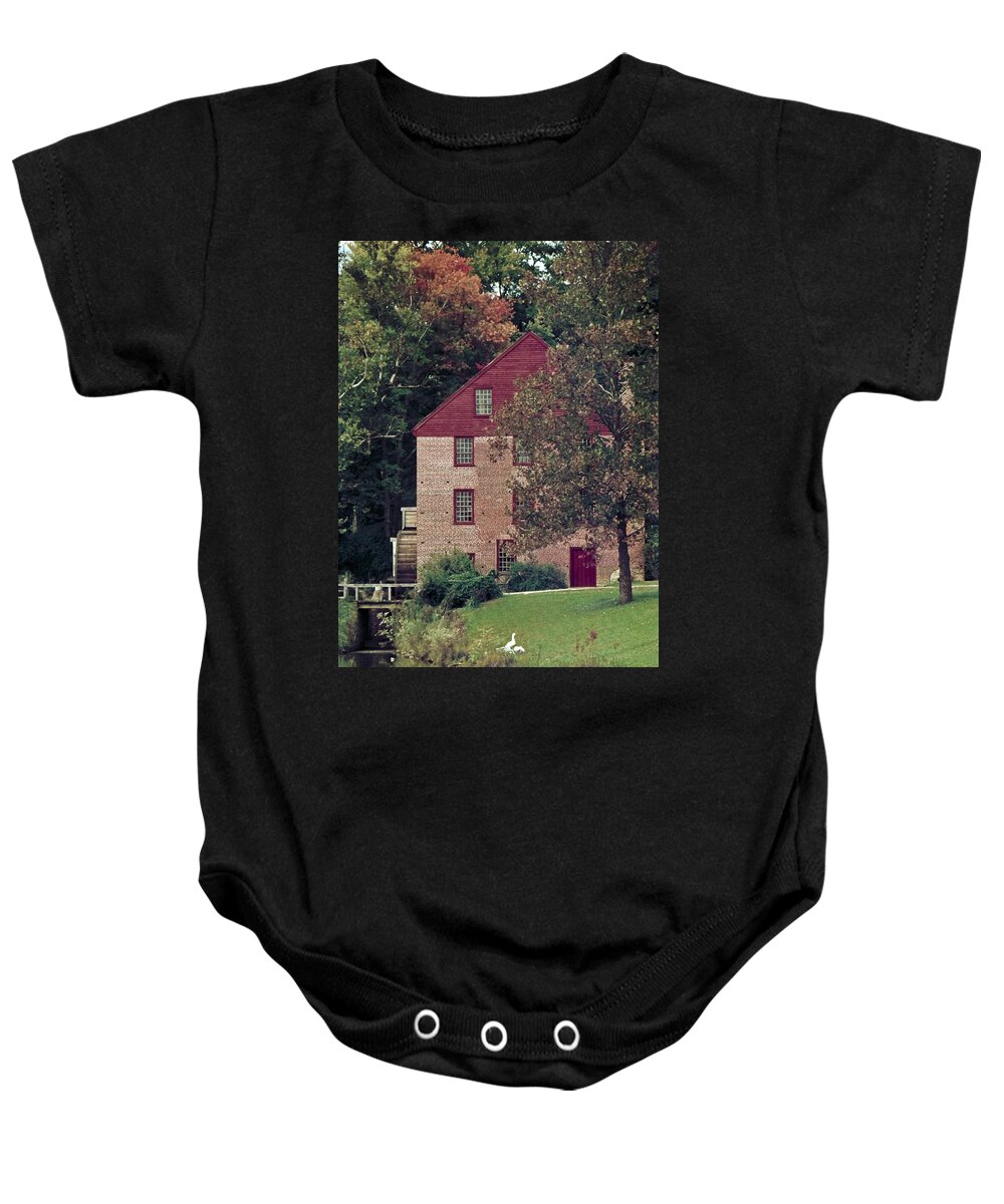 Colvin Run Mill Baby Onesie featuring the photograph Colvin Run Mill by Greg Reed