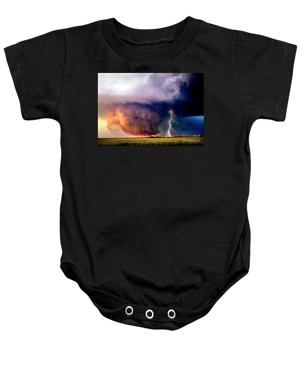 Tornado Baby Onesie featuring the photograph Composite Image Of Tornado And Lightning by Mike Agliolo