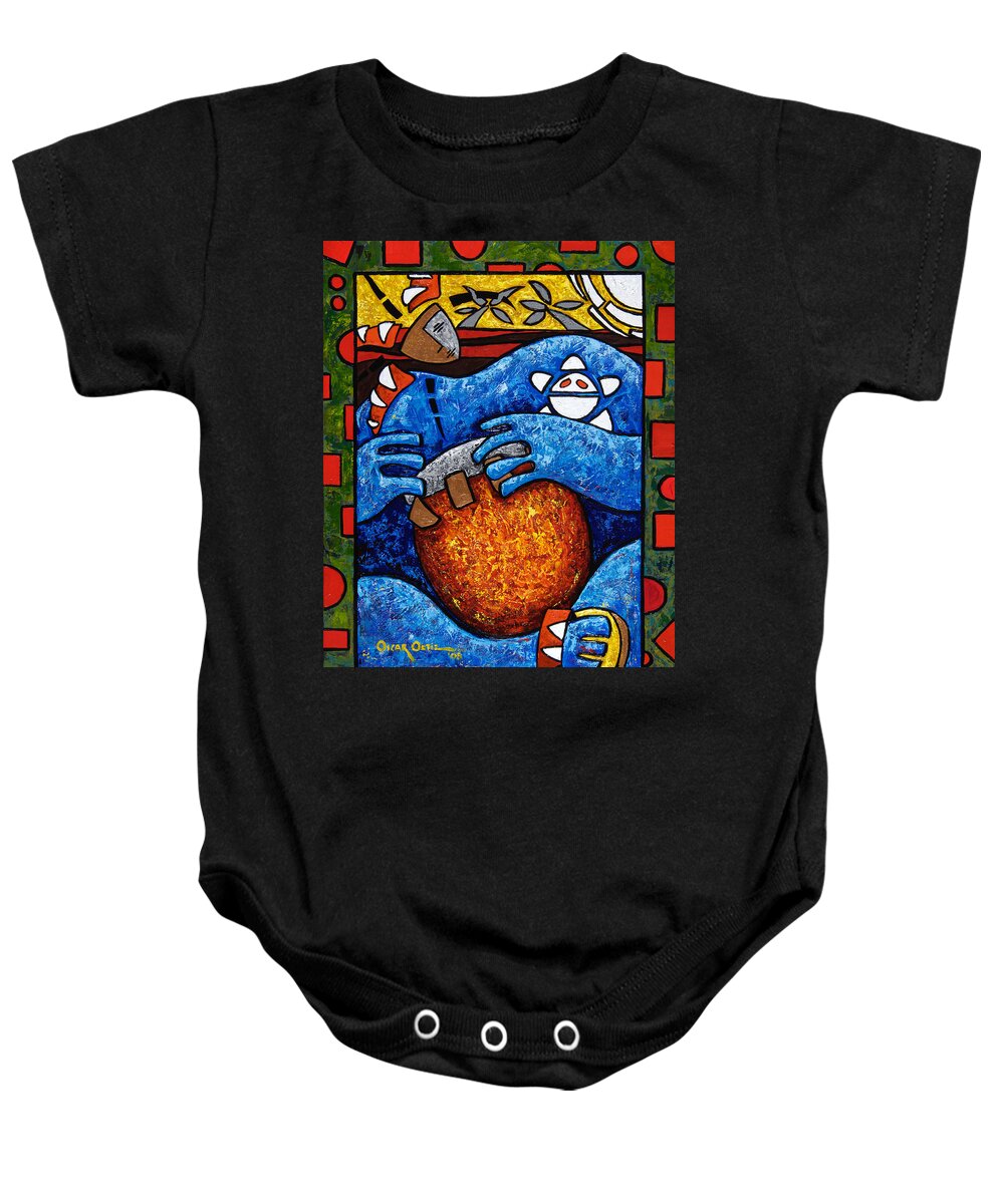 Puerto Rico Baby Onesie featuring the painting Conga on Fire by Oscar Ortiz