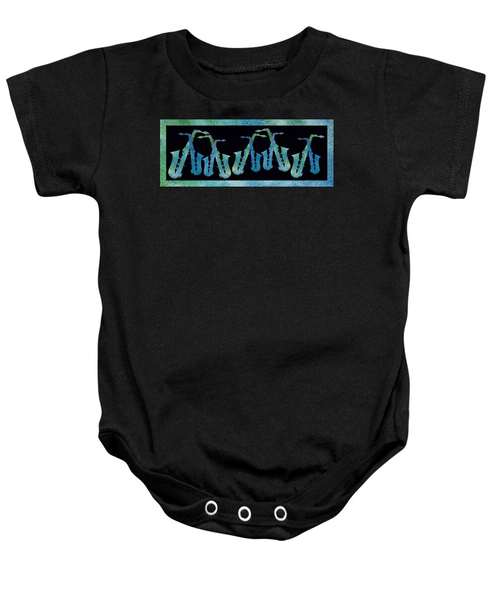 Saxes Baby Onesie featuring the digital art Cool Blue Saxophone String by Jenny Armitage