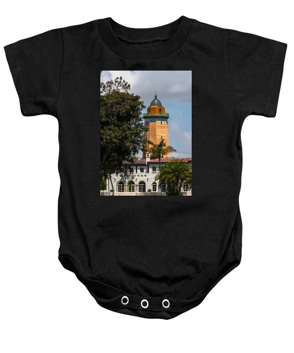 Alhambra Water Tower Baby Onesie featuring the photograph Coral Gables House and Water Tower by Ed Gleichman