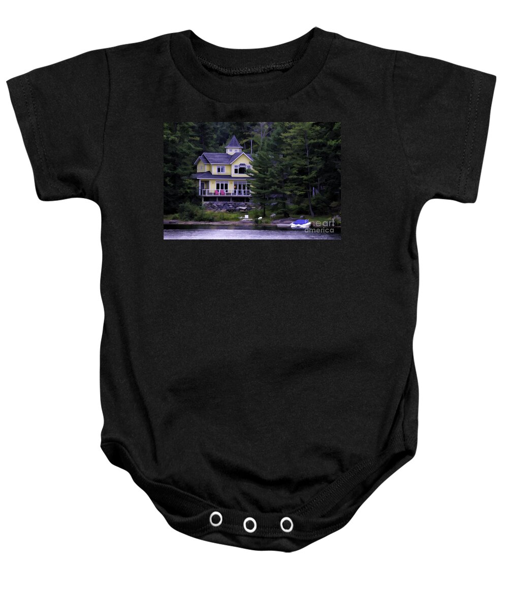 Cottage Baby Onesie featuring the photograph Cottage On A River - painterly by Les Palenik