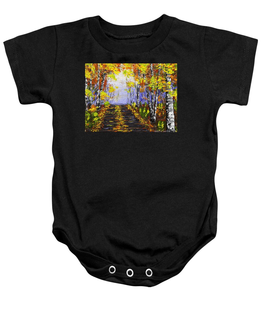 Pallete Knife Baby Onesie featuring the painting Country Road And Birch Trees In Fall by Keith Webber Jr