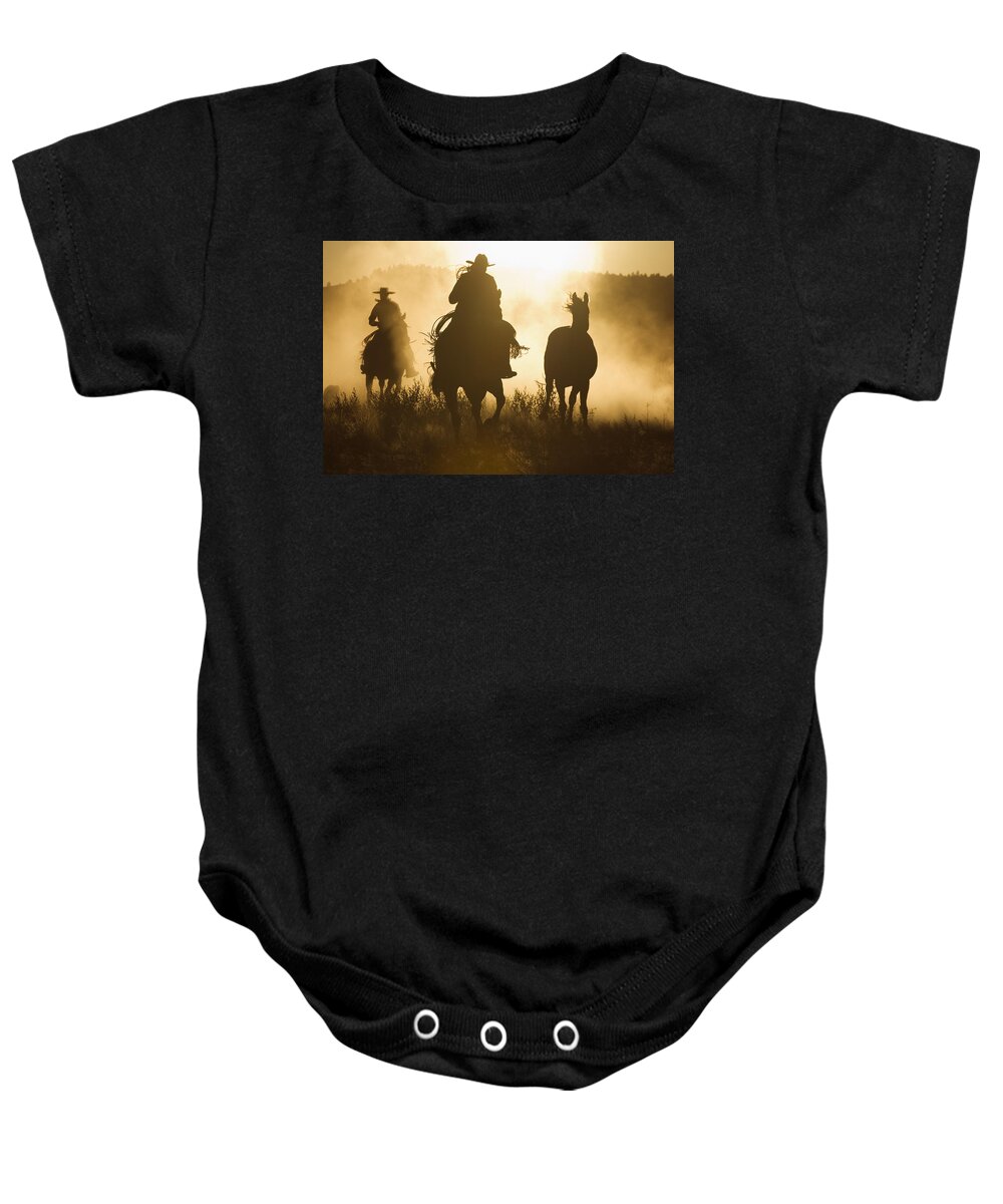 Feb0514 Baby Onesie featuring the photograph Cowboys Herding Horses At Dusk Oregon by Konrad Wothe