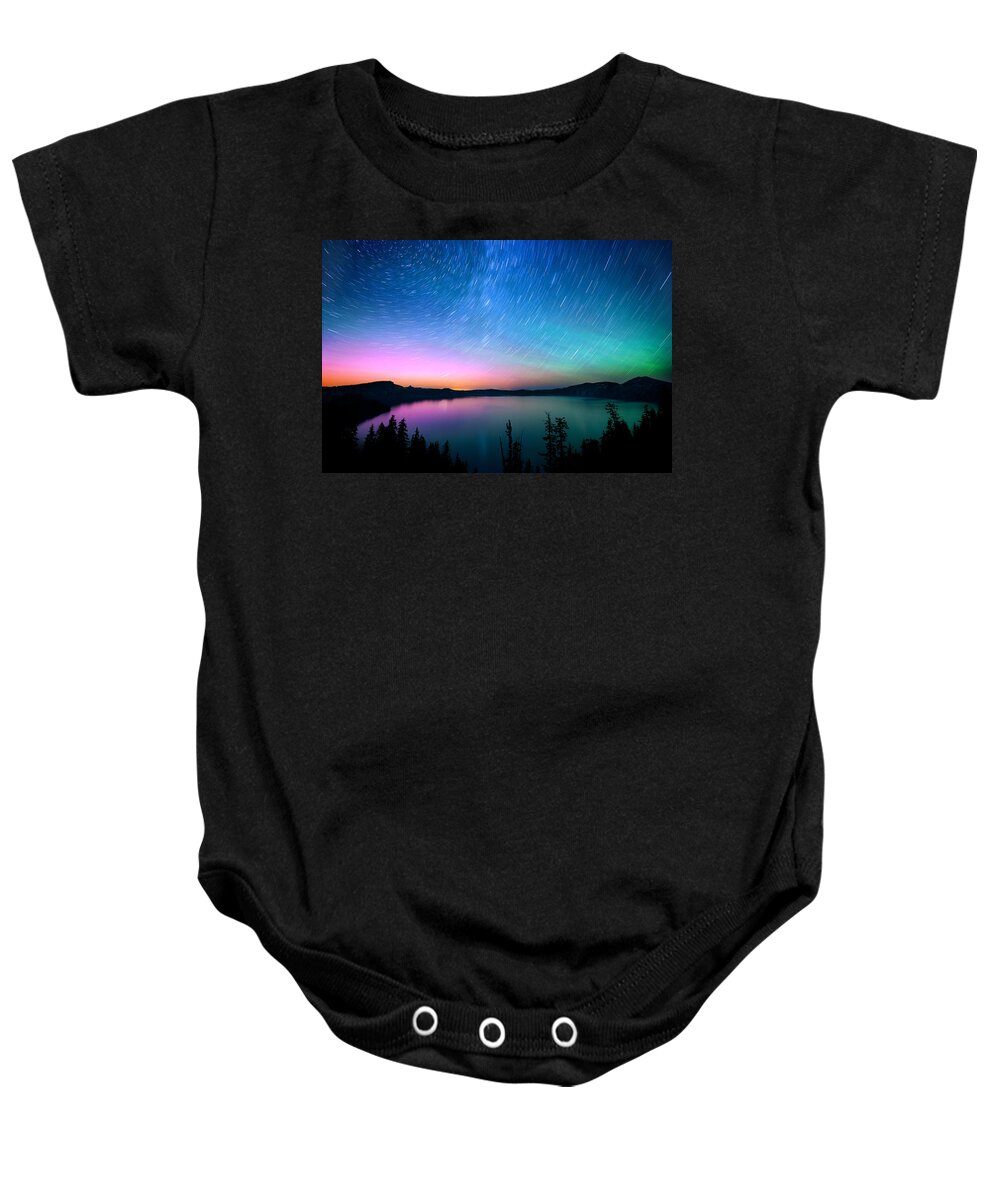 Aurora Baby Onesie featuring the photograph Crater Lake Aurora by Andrew Kumler