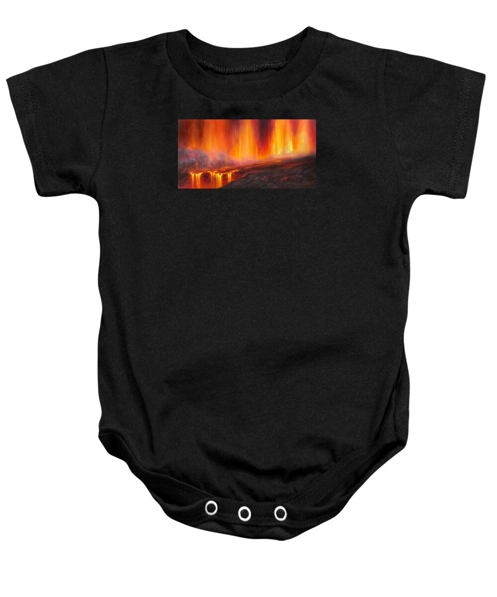 Hot Lava Baby Onesie featuring the painting Erupting Kilauea Volcano on the Big Island of Hawaii - Lava Curtain by K Whitworth